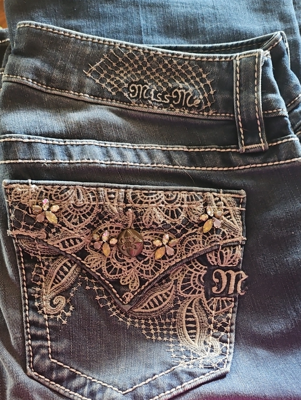 Miss Me Dark Blue Lace & Crystal Detail Boot Cut Jeans